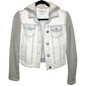 Aeropostale Women's Denim Jacket Jean Size S Knit Sleeve Boho Y2K Urban Grunge